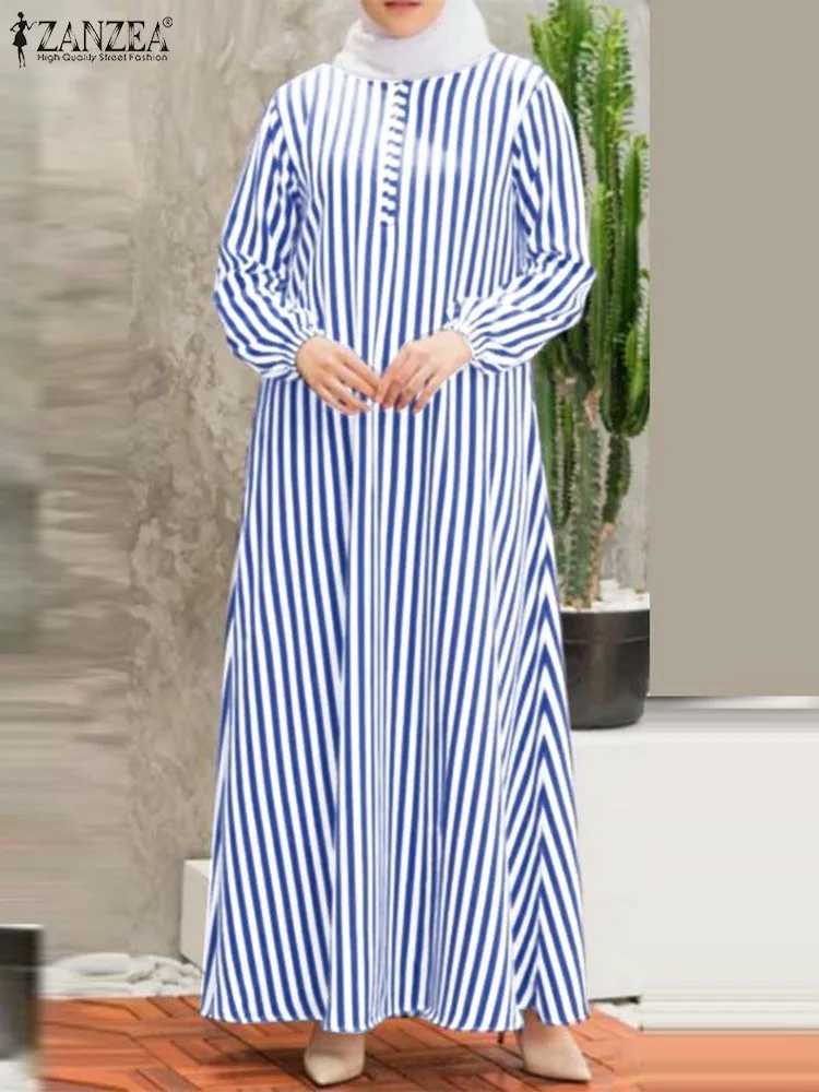 ZANZEA Muslim Fashion Striped Maxi Dress Women Casual Loose O Neck Long Sleeve Abaya Robe Islamic Hijab Streetwear Long Vestidos