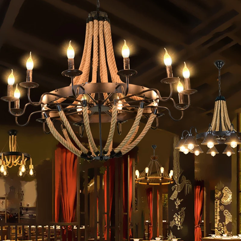 AFRA-candelabro de cuerda de retrofáñamo de estilo americano, colgante nostálgico para Loft, estilo Industrial, cafetería Internet, restaurante, tienda de ollas calientes