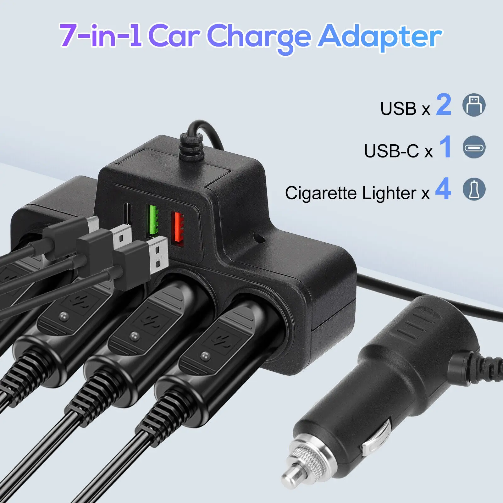 120W 7 in 1 Car Charger Adapter PD 4 Socket Cigarette Lighter Splitter Fast Charger Power Adapter DC 12-24V Auto Accessories