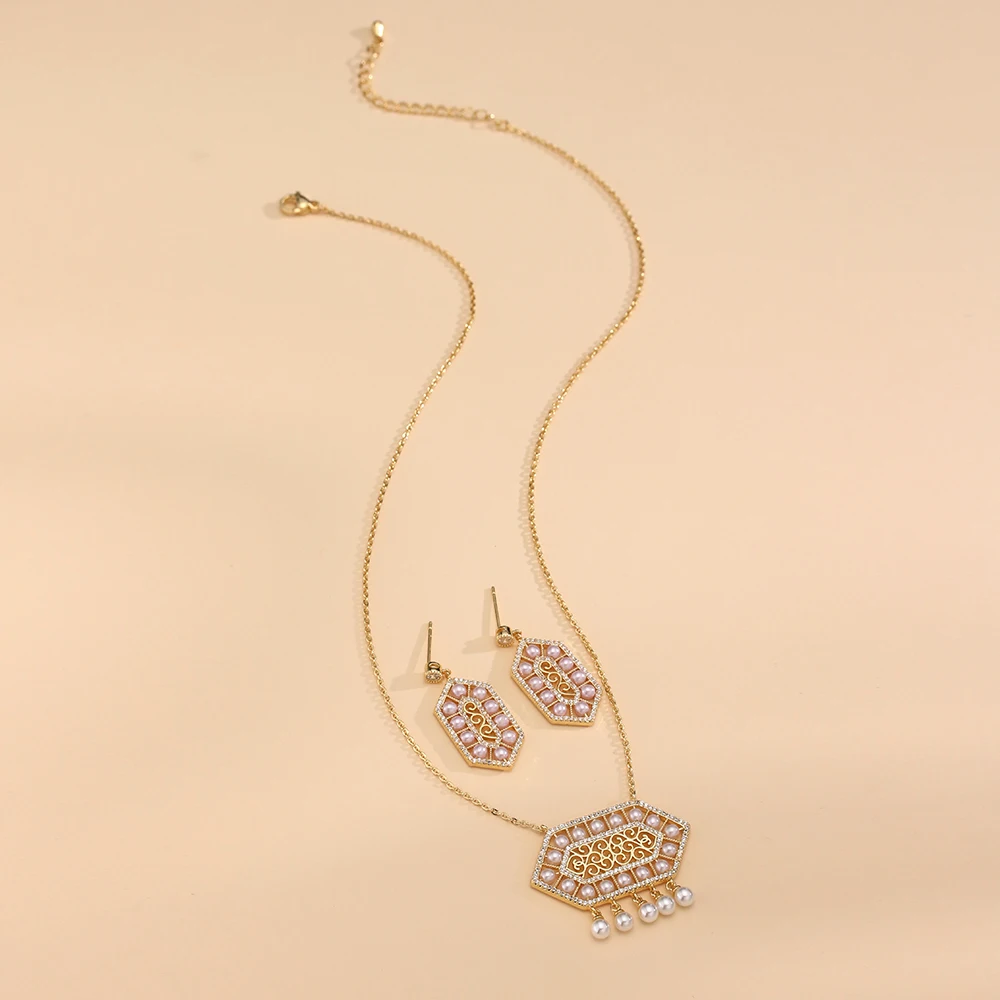 2024 Luxury pearl necklace earrings set for women Dubai Arabian style Geometic Design Bride Wedding Accessories Jewelry Set Gift