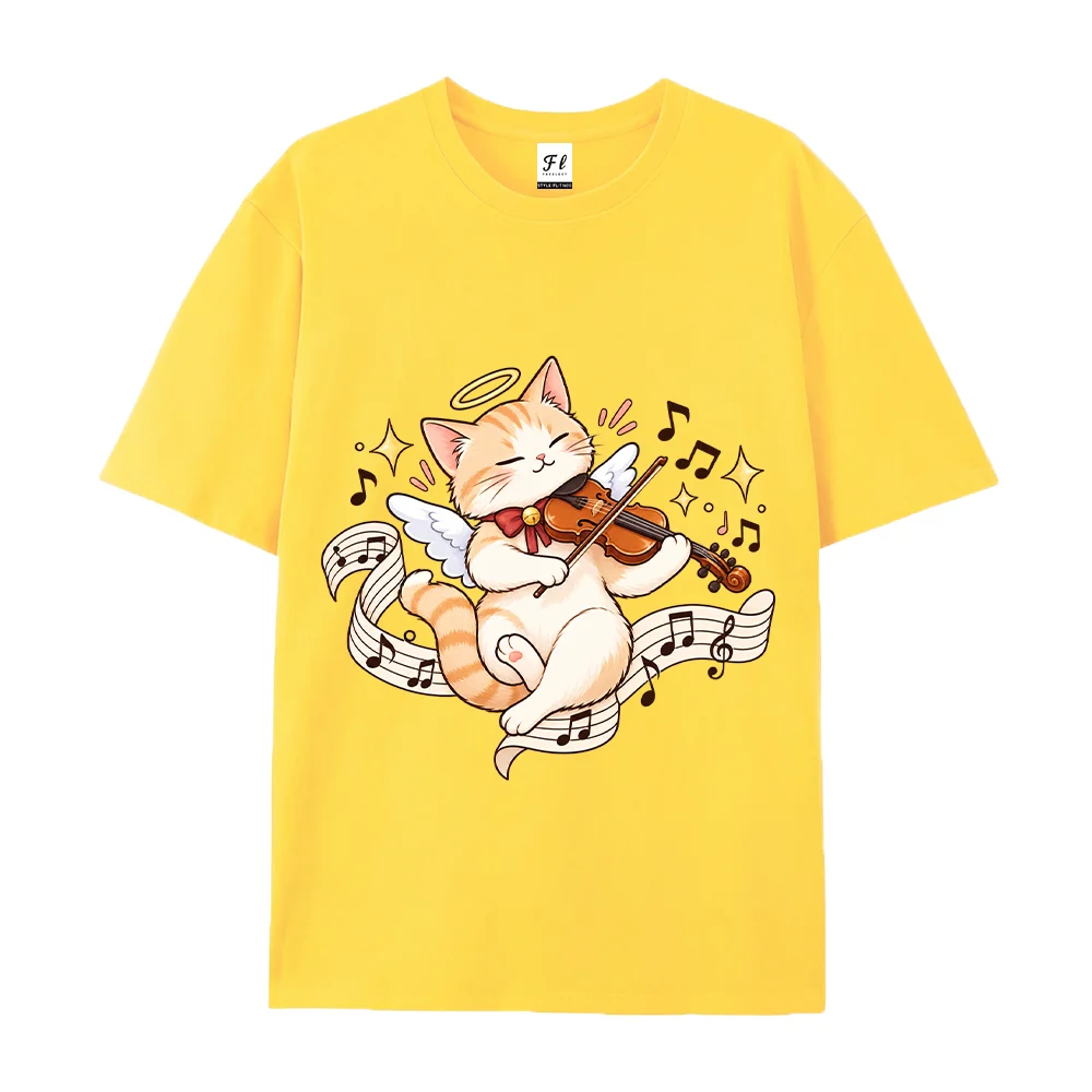 Women Cute Angel Cat Violin T Shirt Playing Musical Notes Graphic White Loose Cotton Short Sleeve Tops Kawaii Aesthetic