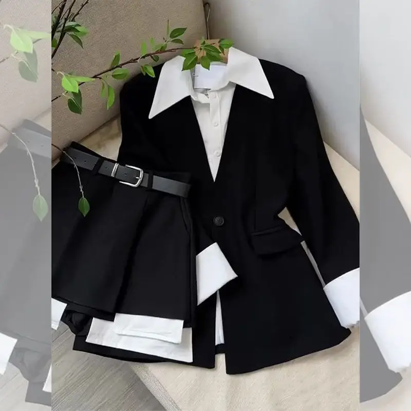 Korean Style Lapel Patchwork Long Sleeved Shirt Blazer Casual Shorts Two-piece Set Fashionable Women\'s Shorts Set