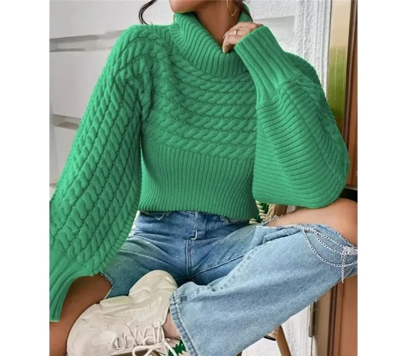 

Solid Color Turtleneck Thickened Fried Dough Twists Women's Knitting Pullover Sweater