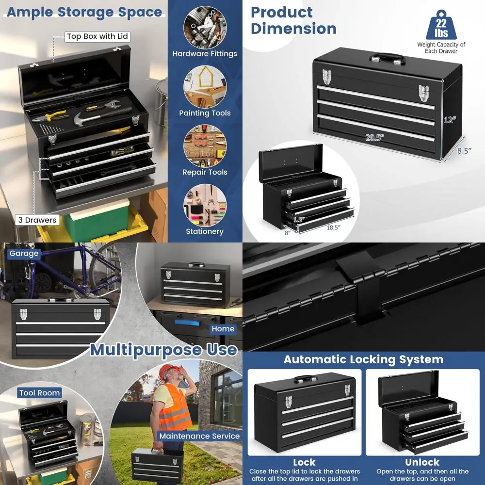 

Портативный металлический ящик для инструментов с 3 ящиками, ручкой для переноски, 2 защелками и вкладышем для гаража, мастерской и хранения (черный)