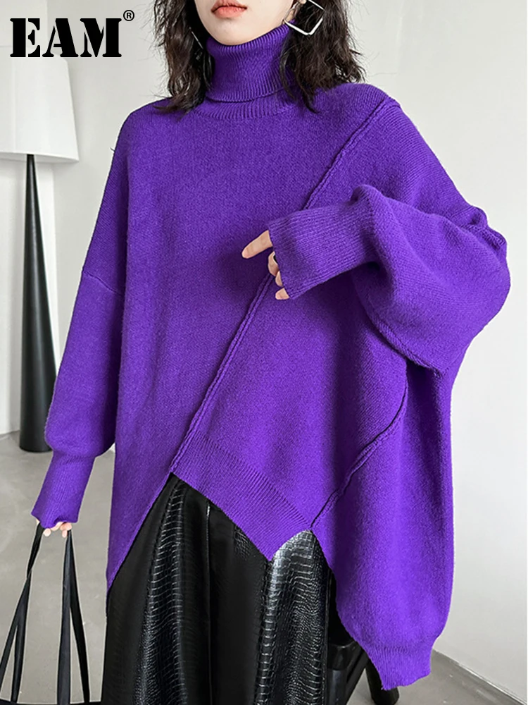 [EAM] Purple Irregular Big Size Knitting Sweater Turtleneck Long Sleeve Women Pullovers New Fashion Spring Autumn 2025 1DH7585