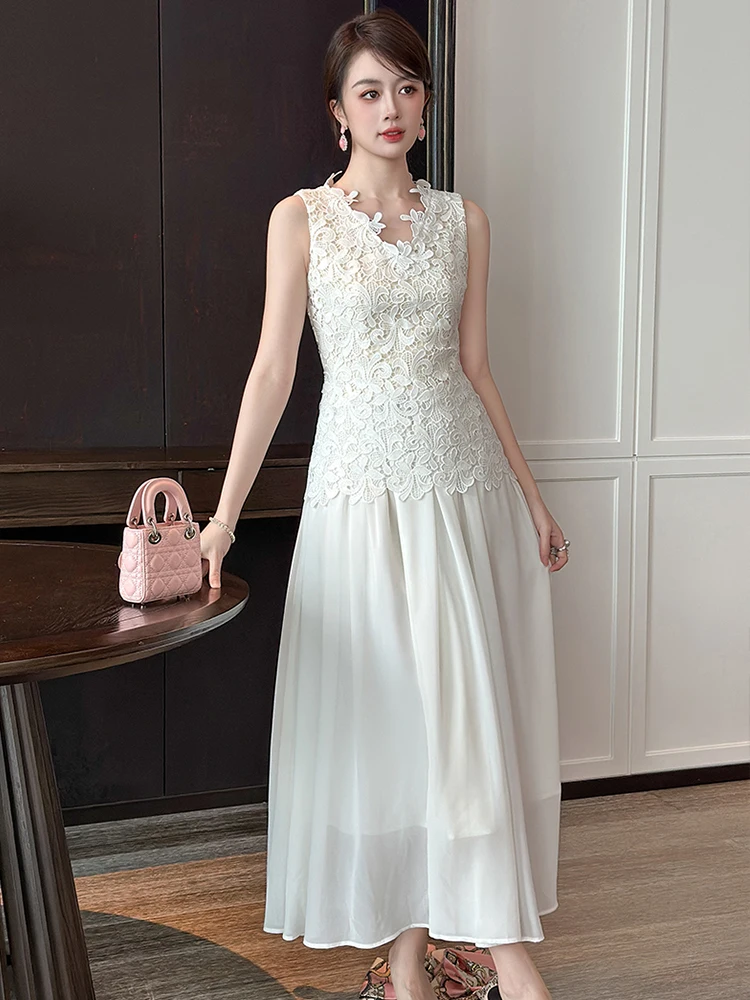 ชุดเดรสยาวสีขาวผ้าชีฟองลูกไม้แขนกุดทรงเข้ารูปสำหรับผู้หญิง สไตล์หรูหรา เหมาะสำหรับงานปาร์ตี้ งานพรอม งานวันเกิด