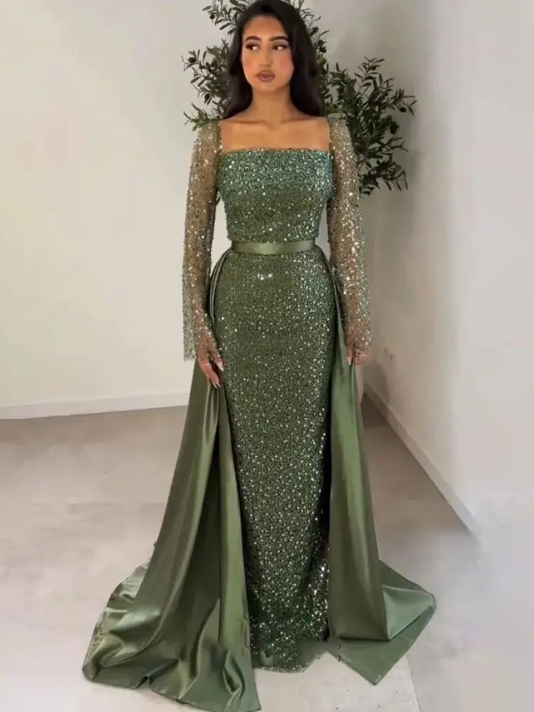 Glitzerndes, armeegrünes Meerjungfrau-Abendkleid mit Pailletten, langen Ärmeln, Zug-Abschlussballkleid, Dubai, formelles Partykleid, individuell gestaltet