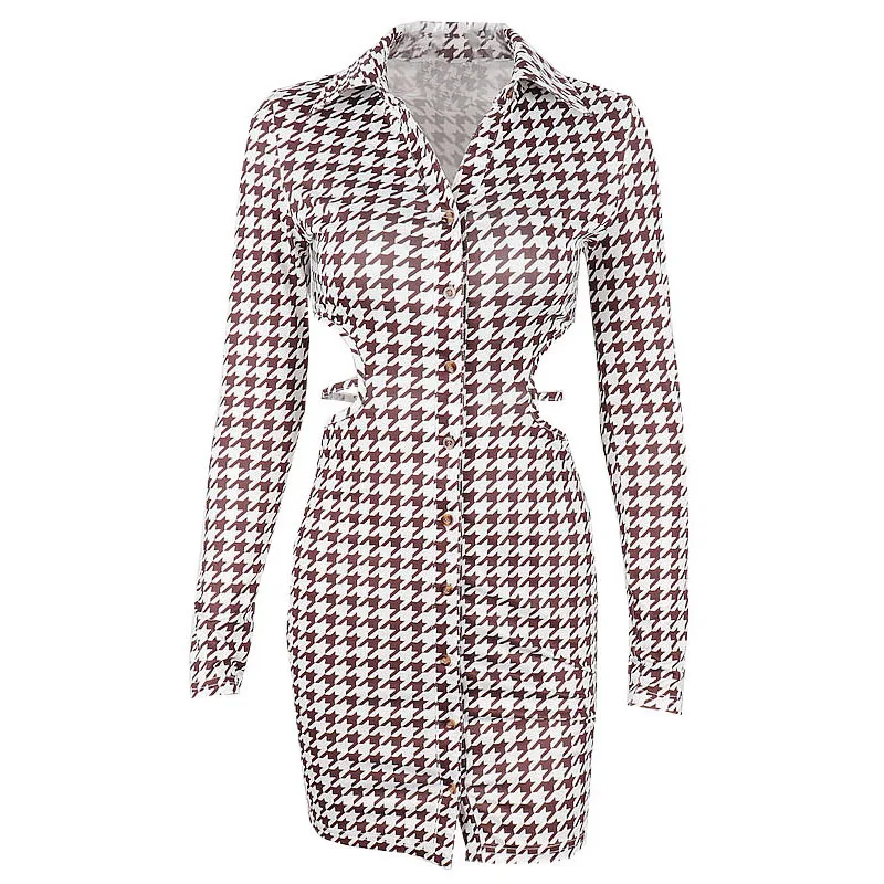 ZURICHOUSE Spring Summer Hollow Out Bandage Bodycon Sexy Dress Fashion Single Breasted Long Sleeve Houndstooth Mini Dress Women