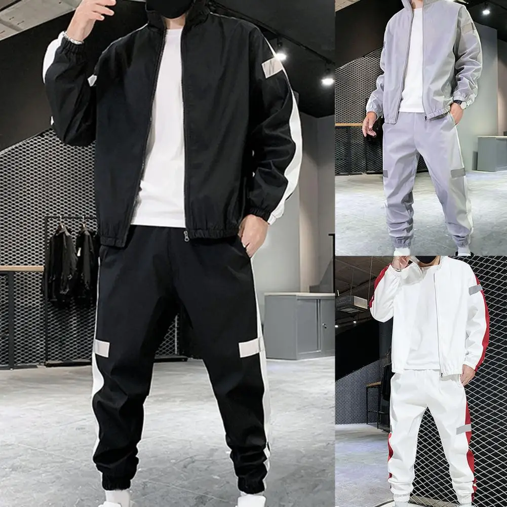 Sporty Outfit 3 Colors Elastic Cuffs Comfortable Men Zipper Closure Coat Elastic Waist Pants Set Coat Pants Set Coldproof