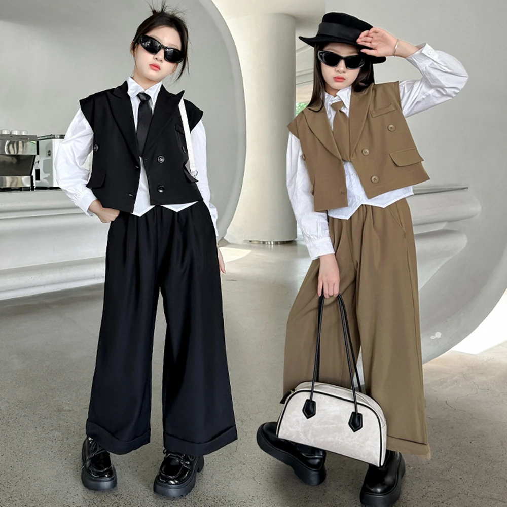

Chic Fashion Junior Girls Clothes Set Suit Vest+White Shirt+Wide Leg Pants+belt 4pcs Teenage Kids suit Children Outfits