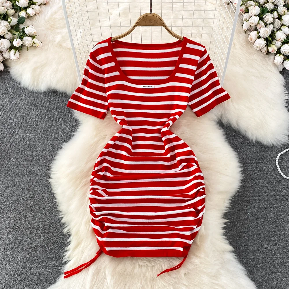 

2023 New Girls Square Red Stripe Dresses Women Waist Slim Drawstring Short Knitted Dress Ladies Elastic Striped Summer Dress