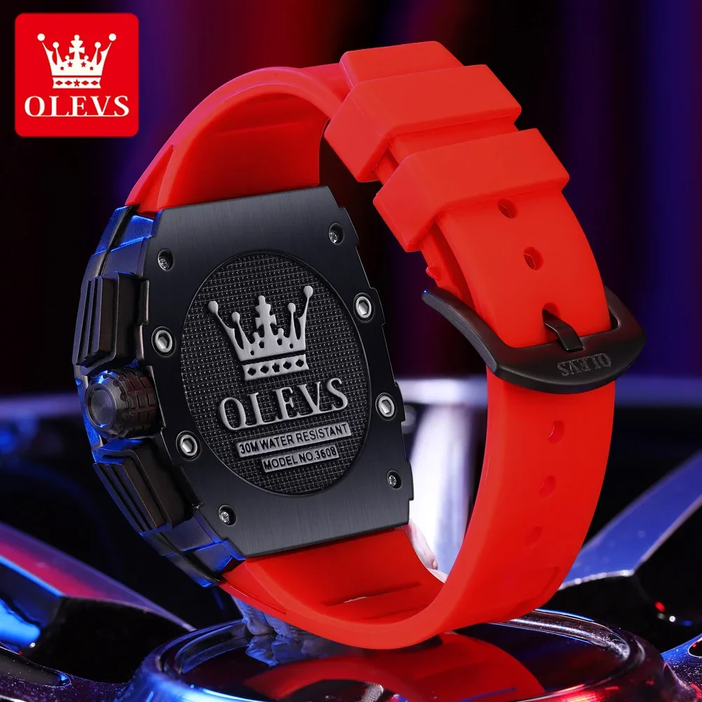 OLEVS3608 Quartz Watch for Man Richard Multifunctional Design Mens Watches Luminous Silicone Band Waterproof Wristwatch Gift Set