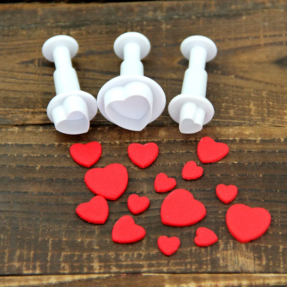 3Pcs Heart Shaped Plastic Plunger Embossed Molds DIY Cake Baking Decoration Tools for Cookie Fondant Sugar Paste Biscuit