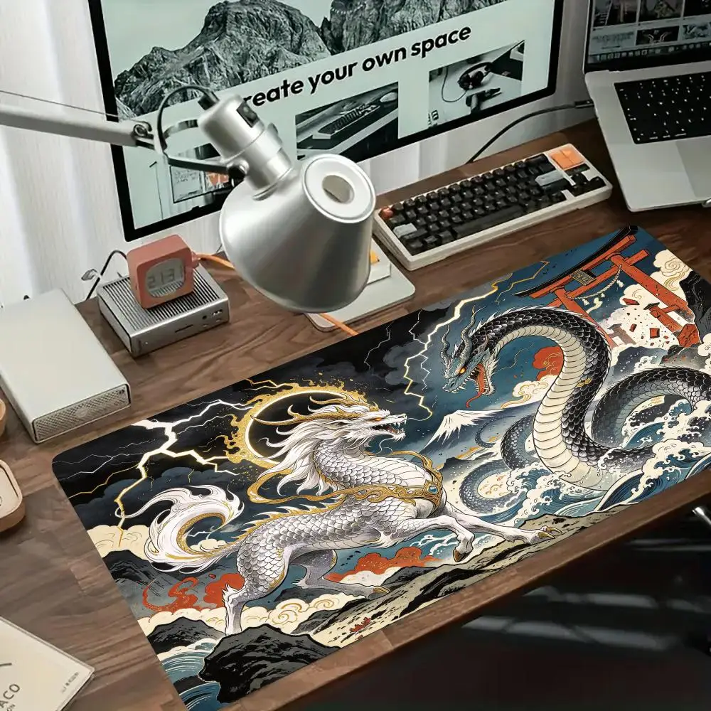 White Dragon Snake God Wave Torii Table Mat Smooth Cloth Thick Rubber For Study Home Desk Decor