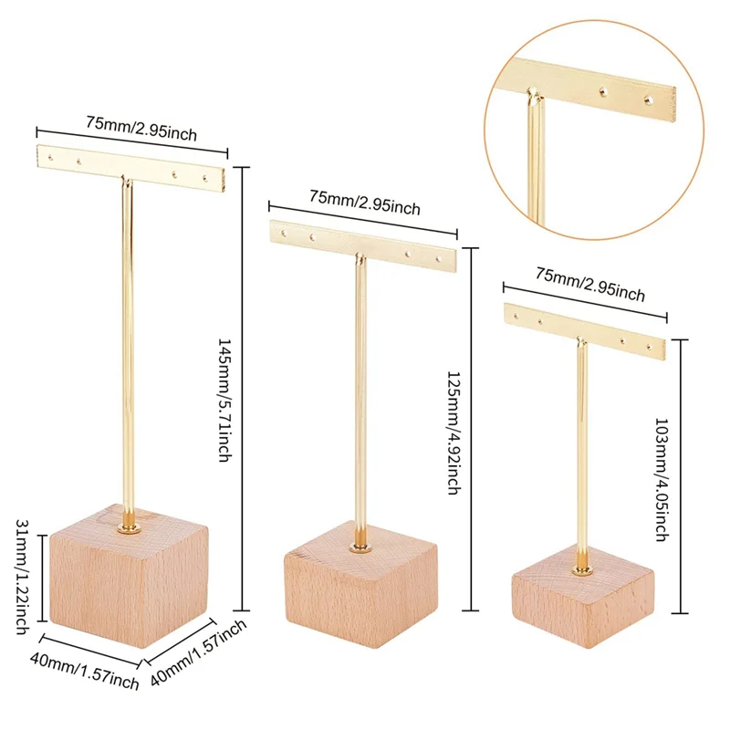 3Pcs Gold Metal T Bar Earring Display Stand with Wooden Square Base 4 Holes Jewelry Holders Hanging Earring Organizer