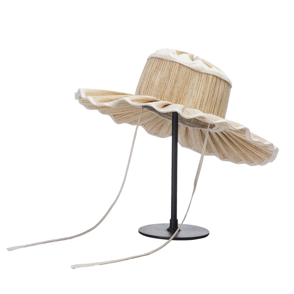 X432 New Foldable Pleated Strap Large Brimmed Straw Hat Outdoor Beach Cap Tourism Sun Protection Panama Hat Sunshade Straw Hat