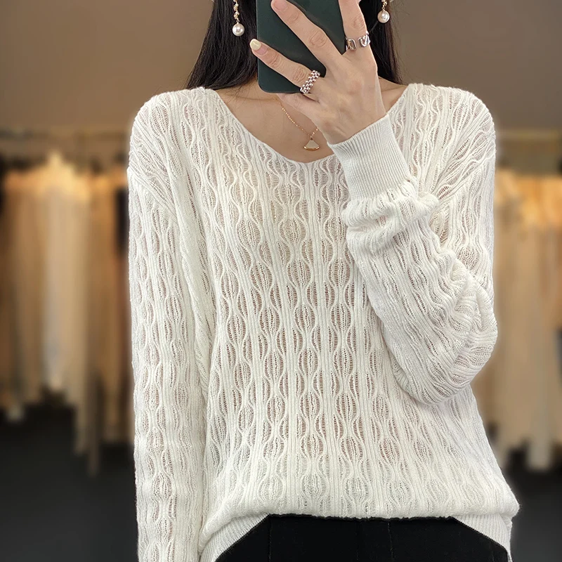 Autumn New Women 100% Pure Cotton Soft Sweater V-neck 3D Jacquard Hollowed out Pullover Loose Fashion Knitwear Casual Base Top