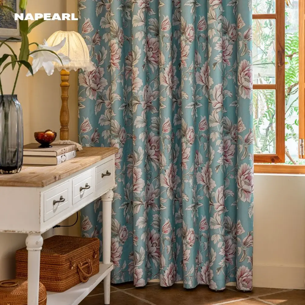 

1PC Retro Curtains for Bedroom Living Room 100% Blackout American Country Style Curtains Blue Background Pink Flower Home Decor