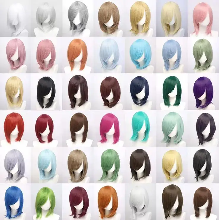 Anime 40cm Mittellange Basis-Perücke Blond Schwarz Weiß Rot Rosa Grün Braun Gold Blau Cosplay-Perücke Hitzebeständige Synthetische Haarperücken