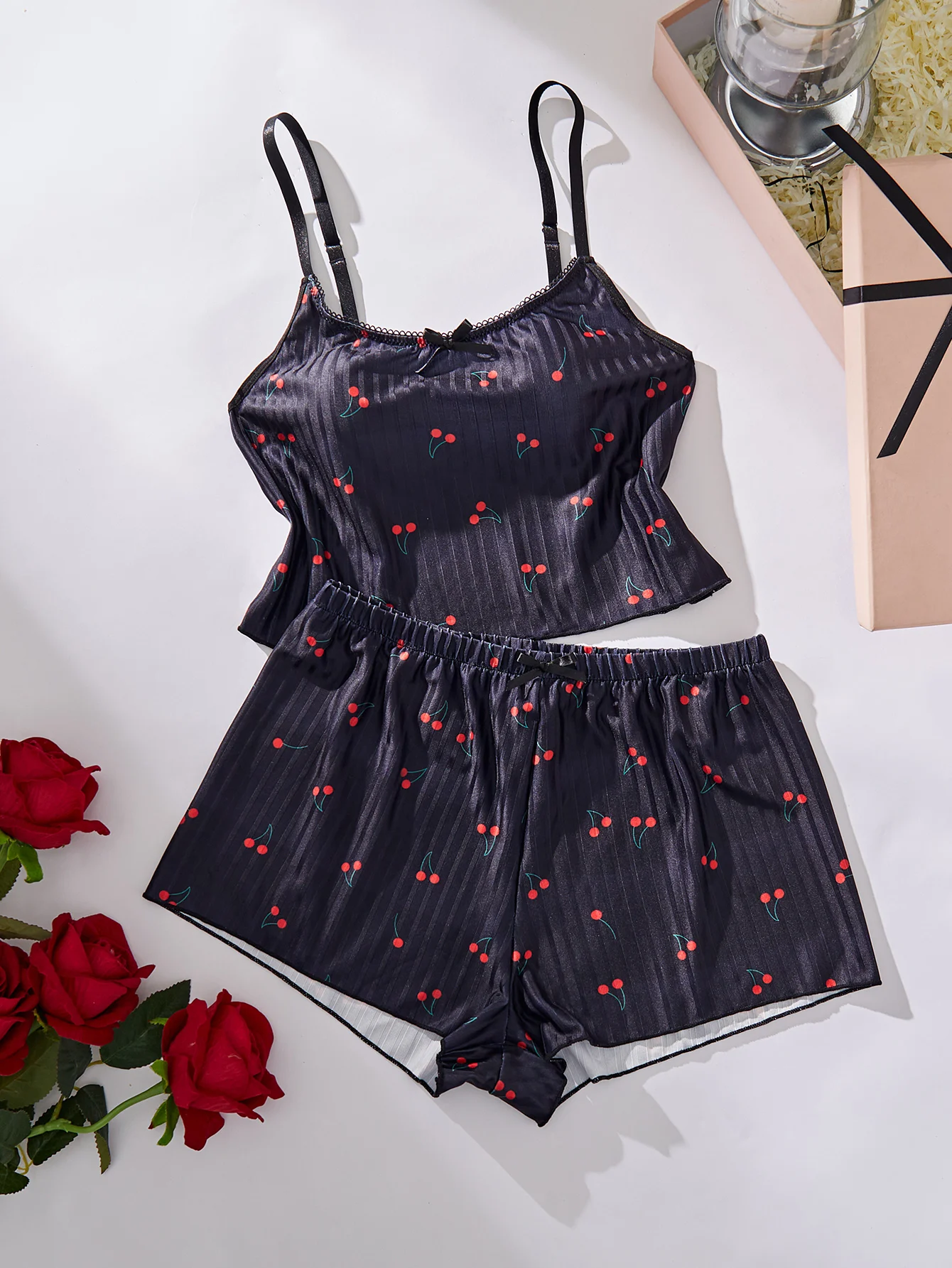 Girls Cute Strappy Homewear Thin Casual Top and Thong Night Underwear Sleepwear Pajamas Set