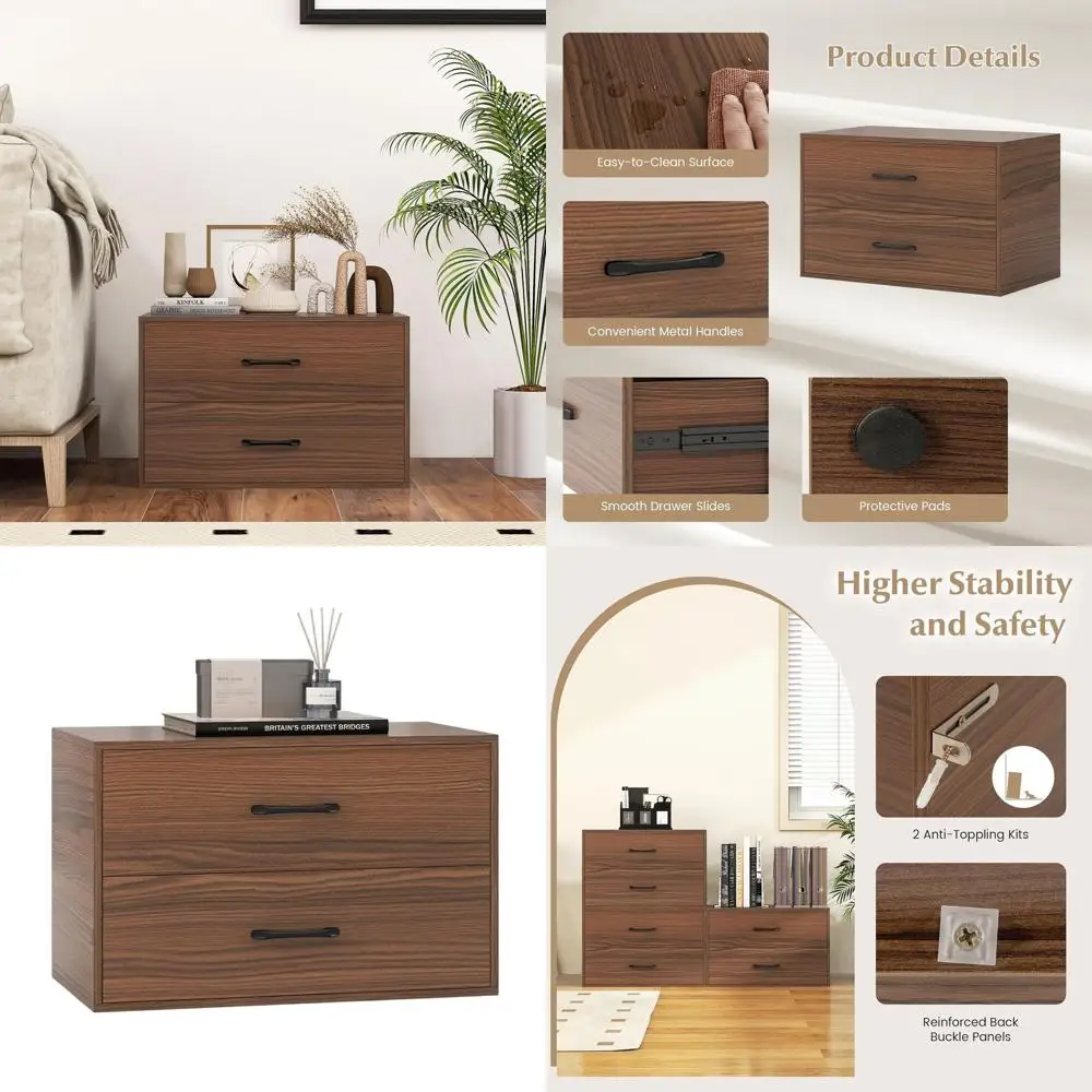 

2-Drawer Stackable Dresser, Metal Handle Lateral File Cabinet, Anti-Toppling Horizontal Storage Cabinet, Stackable Chest Drawers