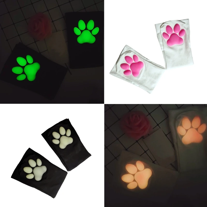 Fluorescent 3D Kitten Paw Pad Cosplay Thigh High Over Knee Stockings for Women