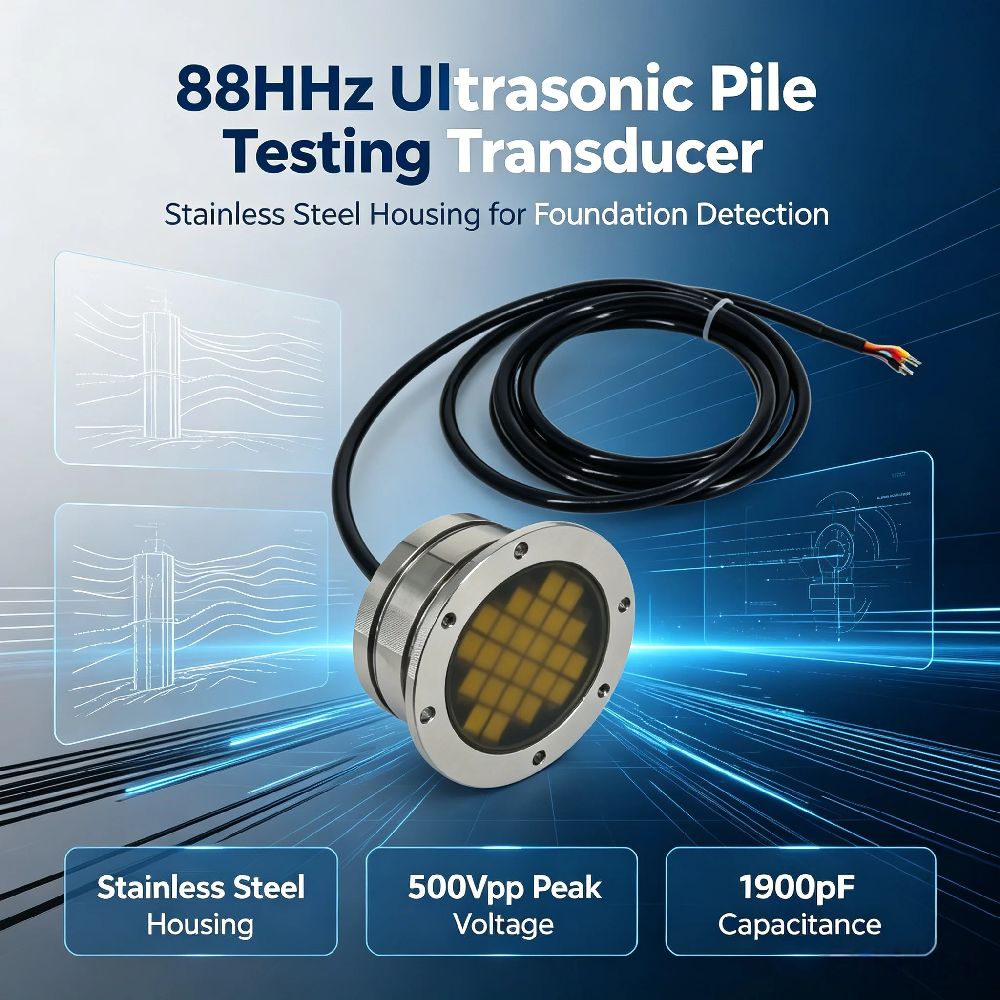 24 Built-in 88kHz Ultrasonic Transducers with 500M Detection for Dry/Wet Pile Foundation Monitoring and Inspection