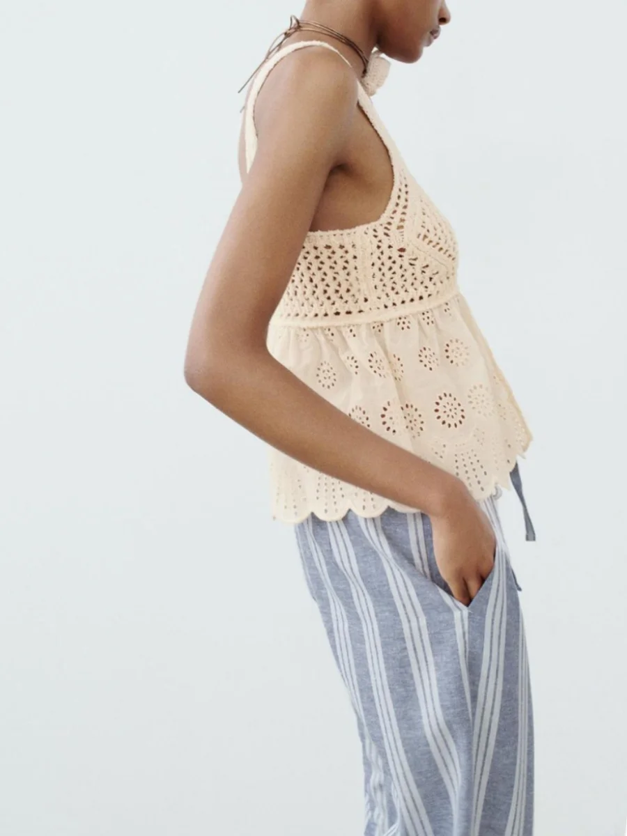 เสื้อถักผู้หญิงแฟชั่นใหม่ประจำฤดูร้อนปี 2024 สายรัดอเนกประสงค์ ลายปักฉลุ ตัดต่อผ้าถัก ทรงลำลอง ความยาวปกติ 00% อื่นๆ...