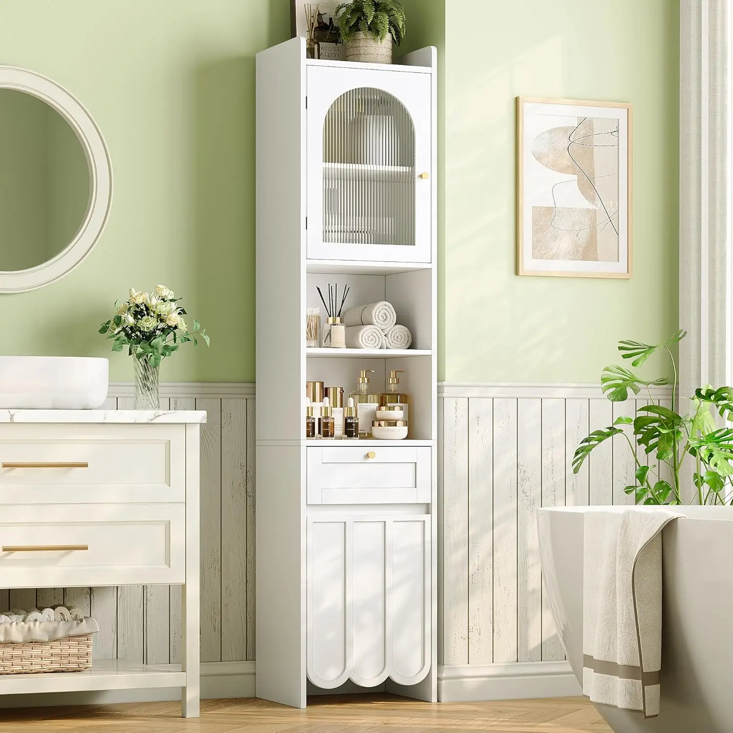 

68” Tall Slim Bathroom Storage Cabinet, Narrow Cabinet with Drawer and Fluted Glass Door, Wave-Like Panel, 3-Tier, Customized