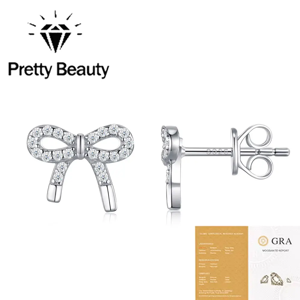 Pretty Beauty Moissanite Bow Stud Earrings for Women 925 Sterling Silver Full Pave Diamond Ribbon Earrings Dainty Jewelry Gift