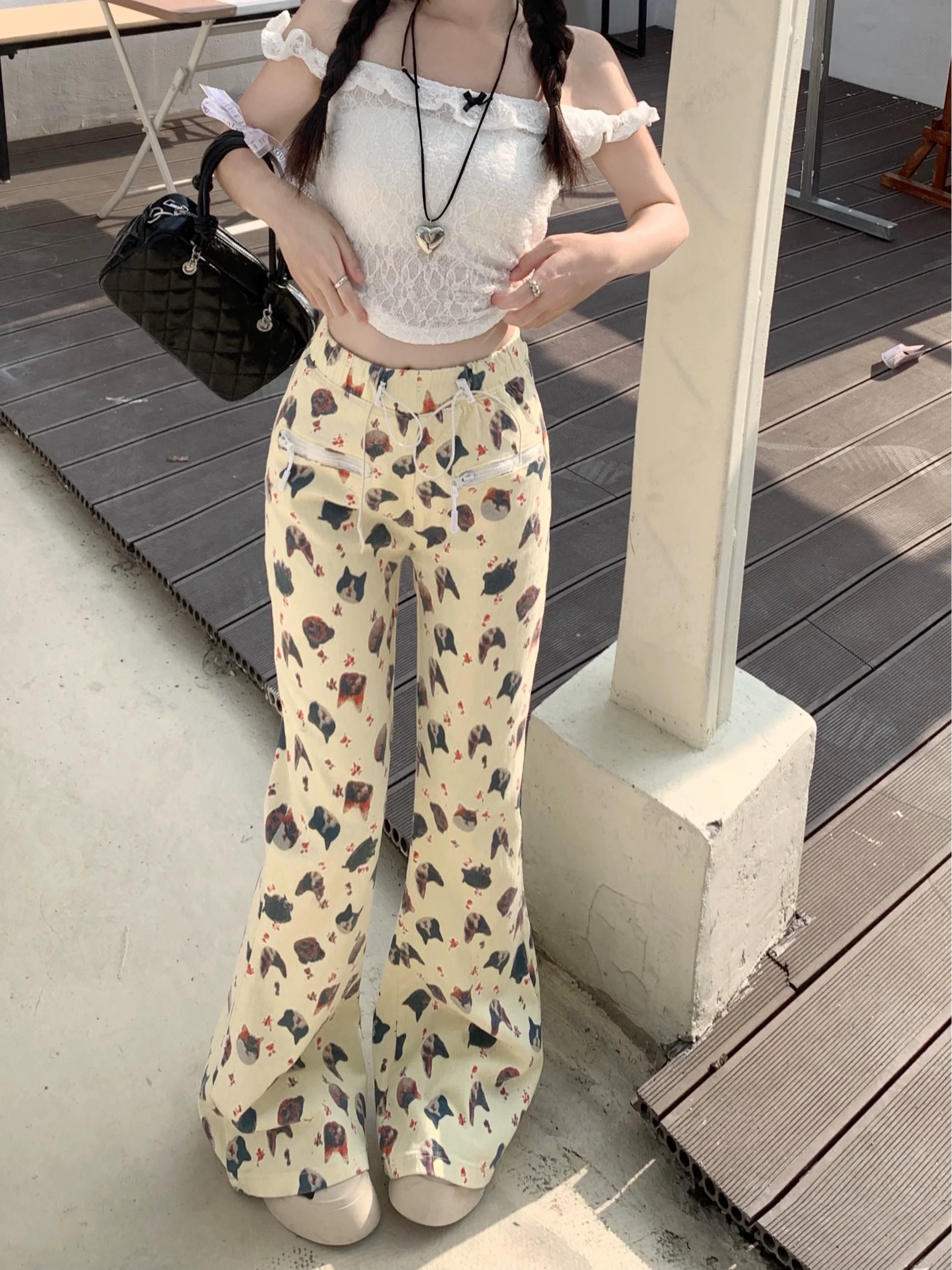 

Women's Cute Cartoon Print Flare Pants Lady Spring Summer Streetwear High Waist Cat Print Slim Boot Cut Full Length Pants