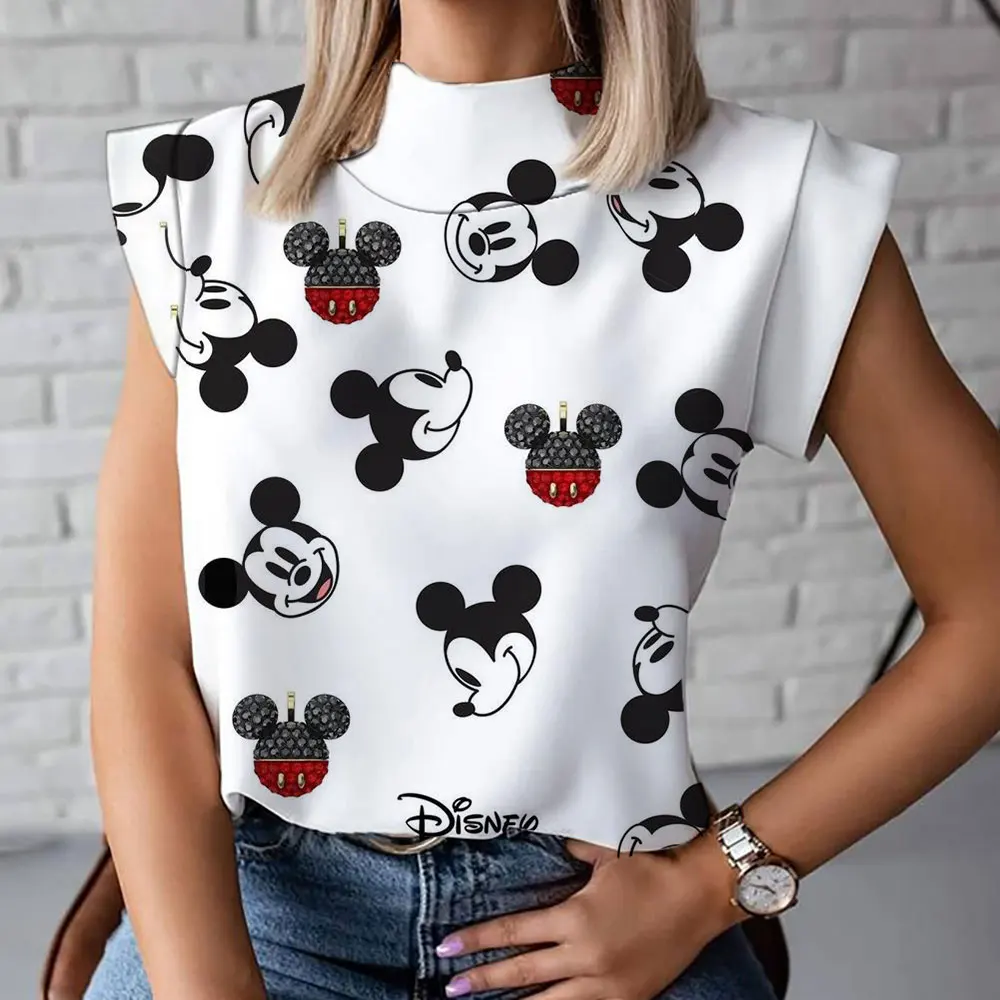 

Summer Fashion New Casual Versatile Cute Mickey Minnie Cartoon Pattern 3D Women's Harajuku Street High Neck T-Shirt Vest