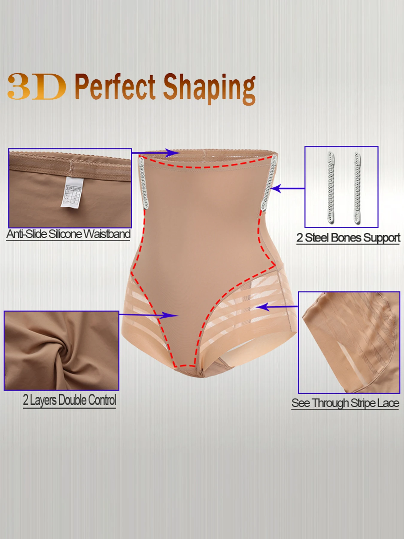 ملابس داخلية نسائية مخططة لتشكيل الجسم بدون خياطة، خصر عالي، مريحة ومسامية، نمط حمار وحشي مضغوط