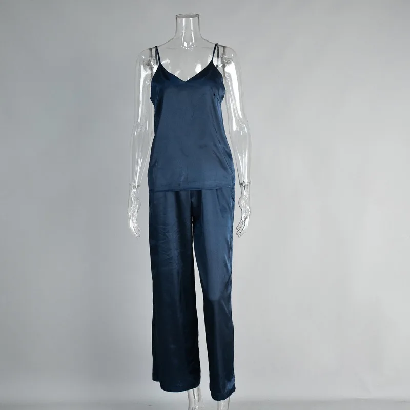 2025 Summer New Europe  America Simulated Silk Satin Pajamas Set with Suspender Trousers 2PCS Sets Comfortable Loungewear