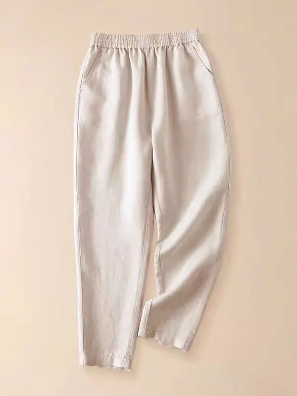 면 린넨 하라주쿠 바지 여성 여름 루즈핏 바지 7부 길이 허리 심플 출퇴근 슬레 폴디드