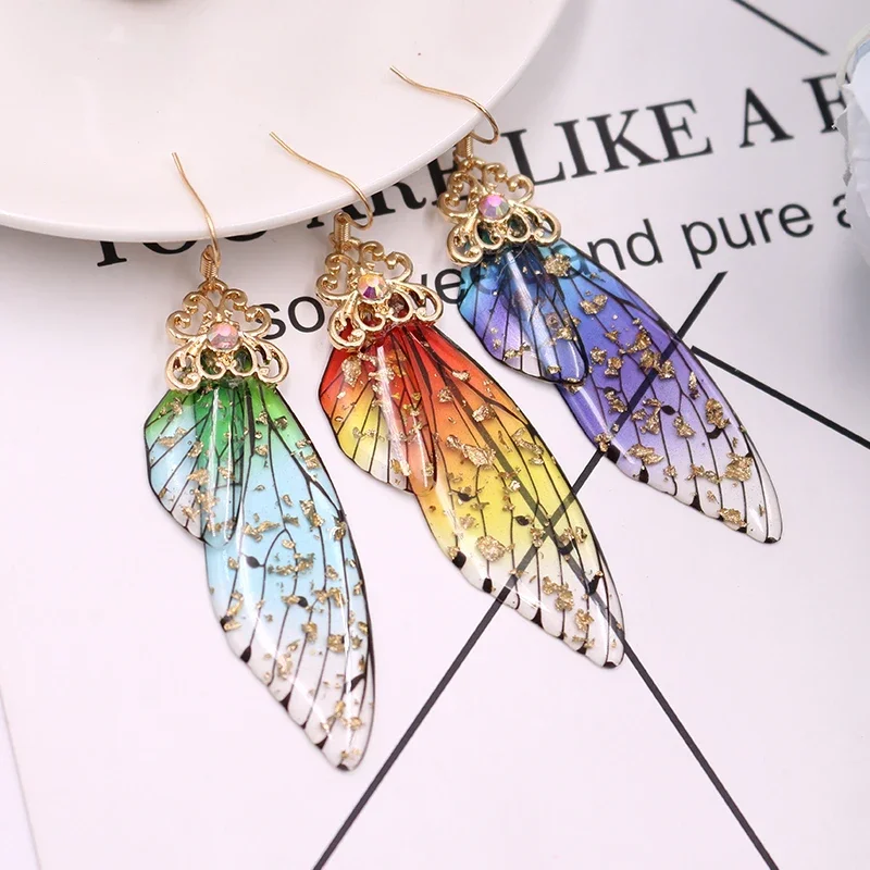 Handmade Fairy Simulation Wing Earrings Insect Butterfly Wing Drop Earrings Foil Rhinestone Earrings Romantic Bridal Jewelry