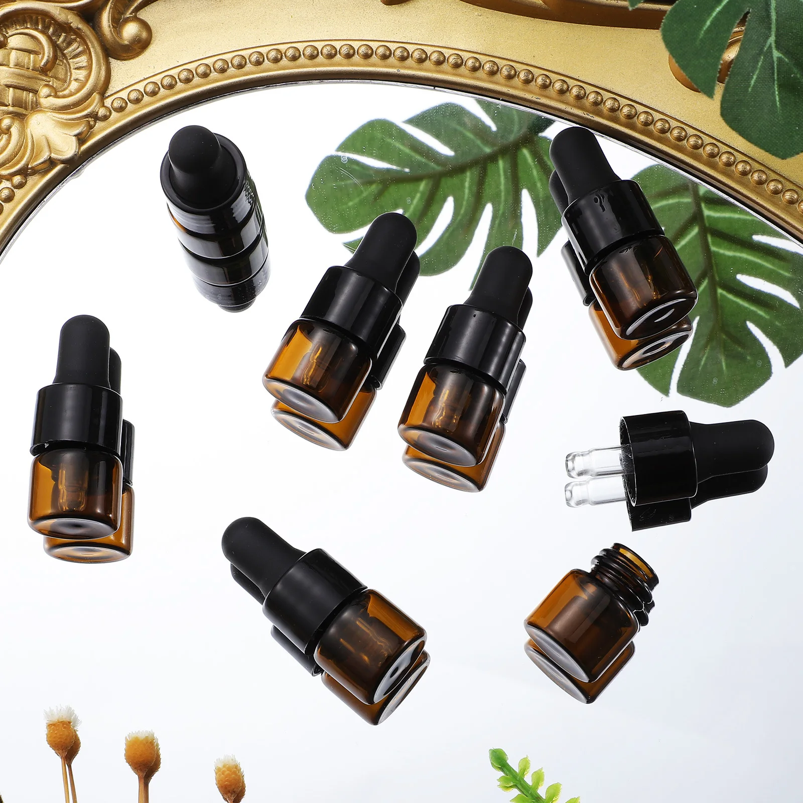 

30Pcs Amber Glass Dropper Bottles 1ml Thick Clear Leakproof Essential Oil Sample Vials Liquid Container Black Caps
