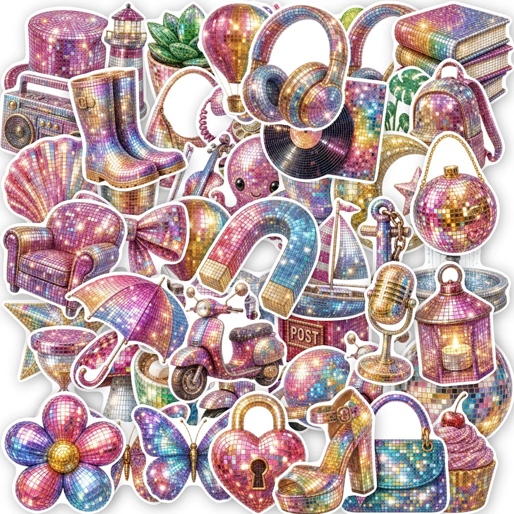 10/30/50pcs Vintage Colorful Shiny Disco Style Stickers Cartoon Creative Sticker Scrapbook Phone Suitcase Decals Decoration Toys