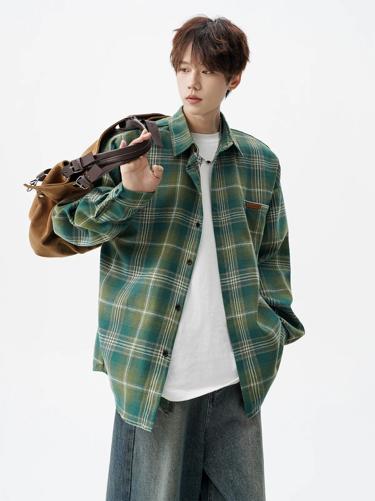 Summer and Autumn American Style Men's Blue Plaid Long Sleeve Shirt High Street Loose Versatile Casual Green Short Sleeve Shirt