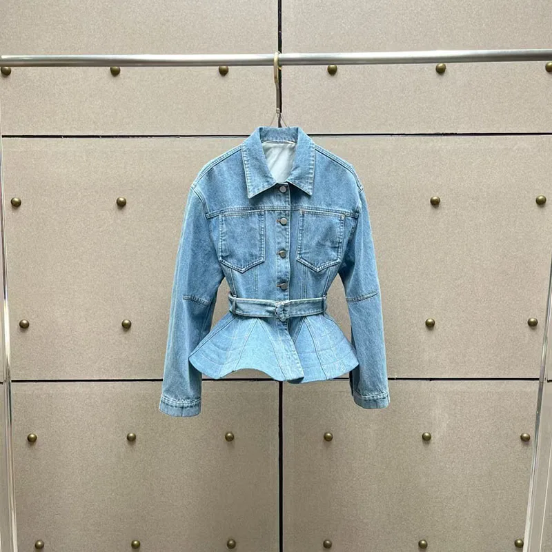 Women's Fitted Washed Denim Jacket, Notched Collar Single-Breasted Hem-Tapered Jacket, High-Quality Jacket, 2026, New Arrival,