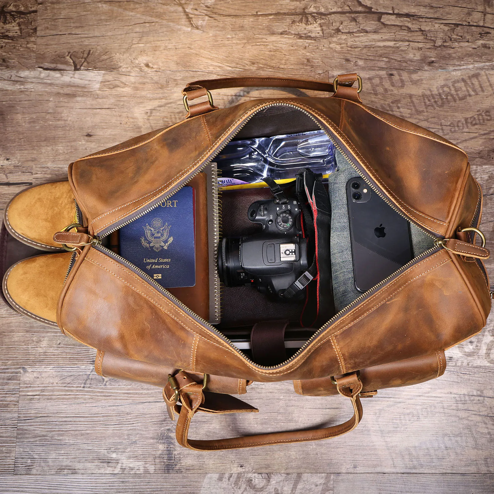 S.WORKER Vintage Echtleder-Reisetasche aus Crazy-Horse-Rindsleder, handgefertigte Weekender-Tasche, Sporttasche – Detail 15