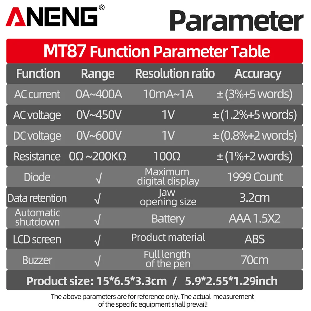 ANENG MT87 1999 conta pinza amperometrica digitale DC/AC multimetro amperometro Tester di tensione NCV Ohm strumento rilevatore di alta precisione