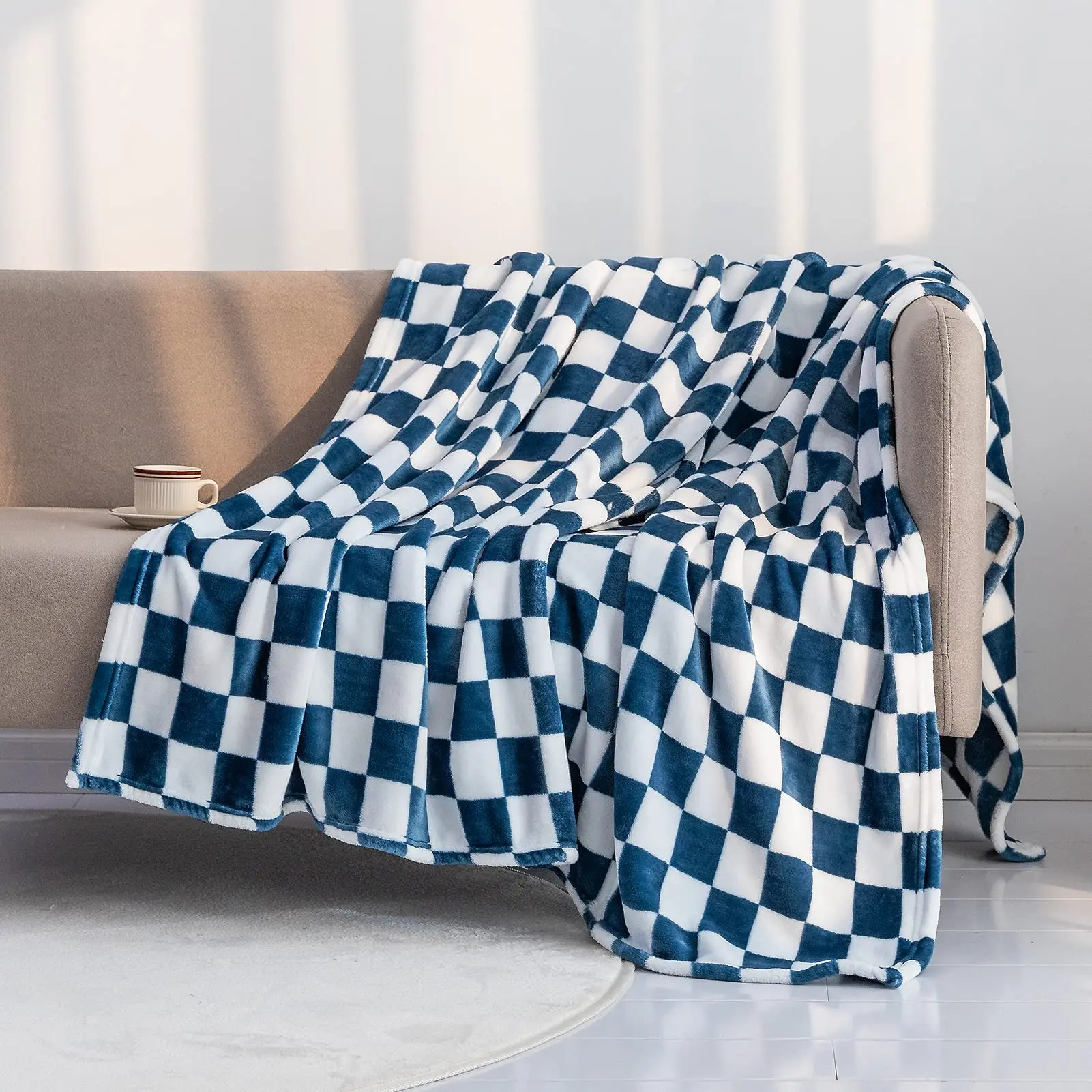 Flannel Throw Blanket Checkerboard Grid Pattern Soft Luxurious Warm Cozy Blanket for Couch Bed Sofa All Seasons Khaki