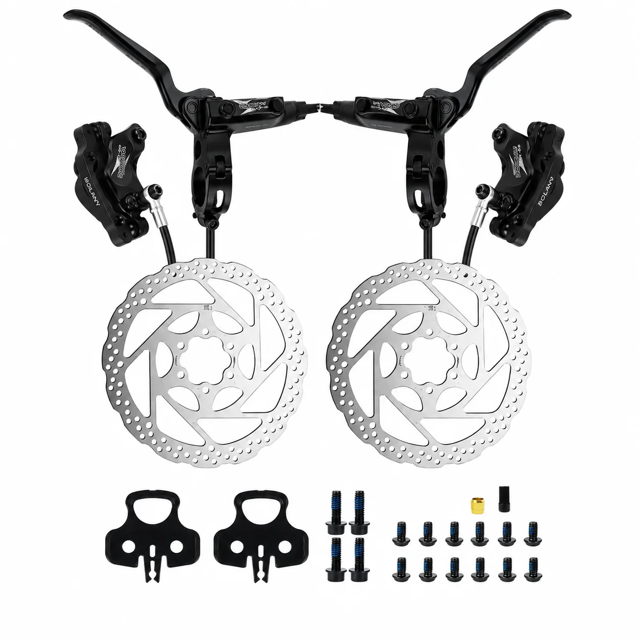 BOLANY 4-Piston MTB Hydraulic Disc Brake Set 6061 Aluminum Calipers 830/1620mm Hoses with 160mm Rotors for Mountain Bike