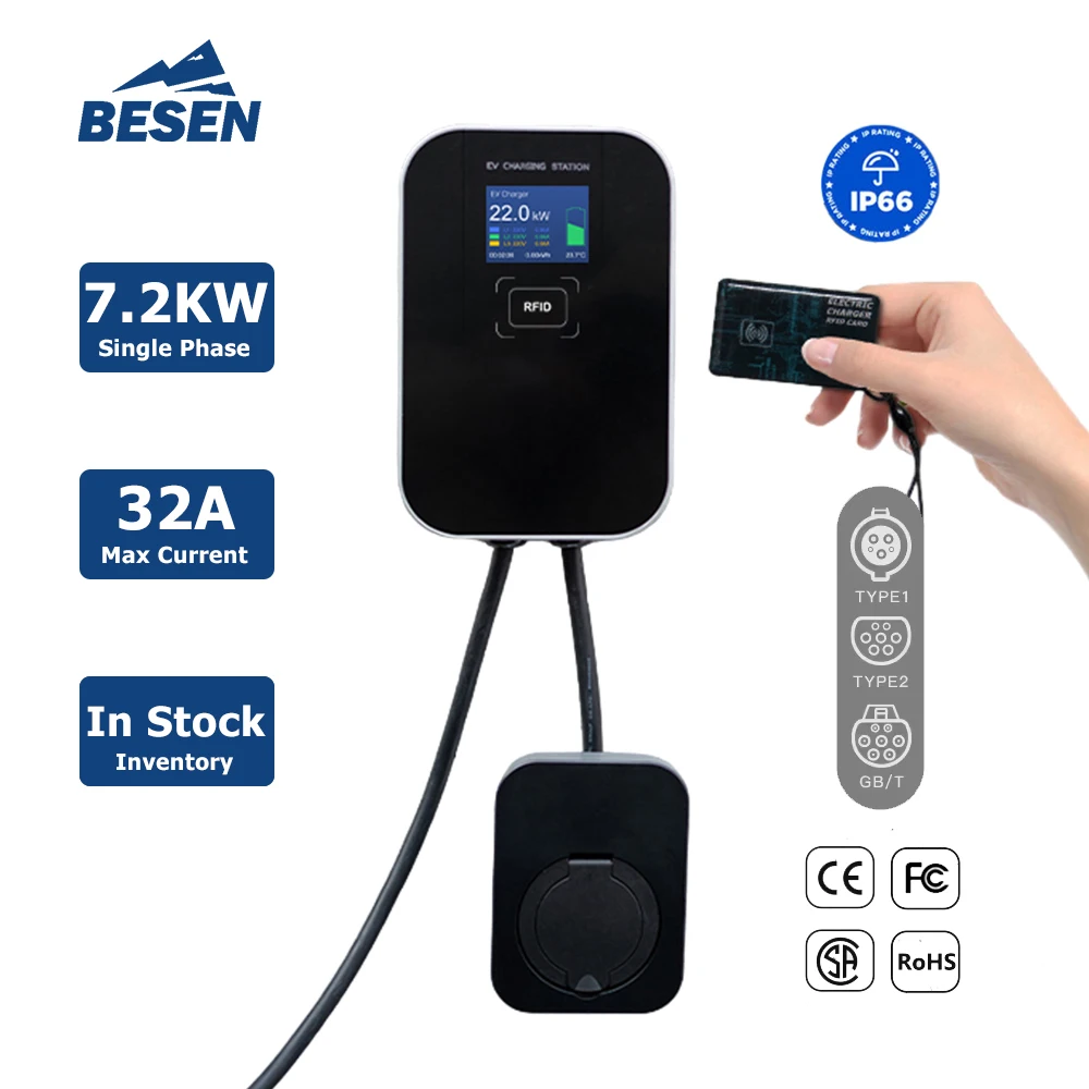 Factory Price 7KW 32A RFID Swipe Card Home Ev Charging Station Wallbox With LCD Screen