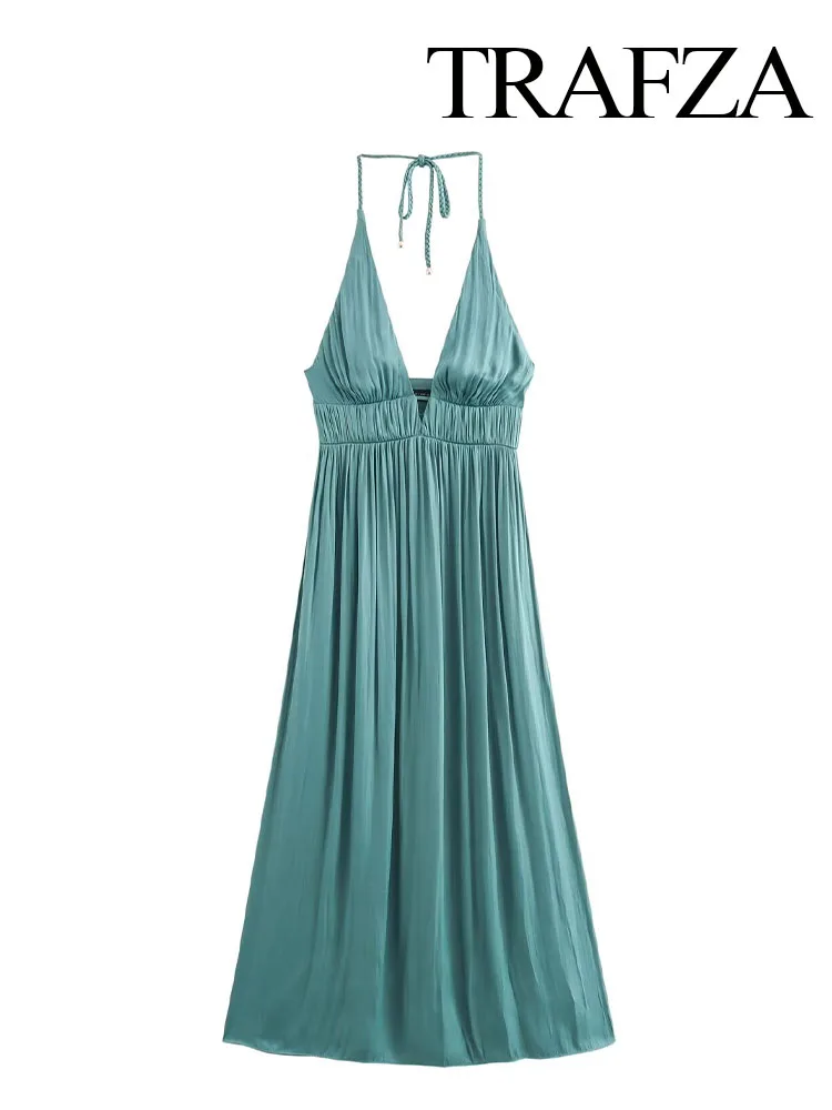 TRAFZA-Robe Longue Plissée Verte pour Femme, Vêtement à la Mode, Décorer, Dos aux, Col Rond, Style Plage, Été