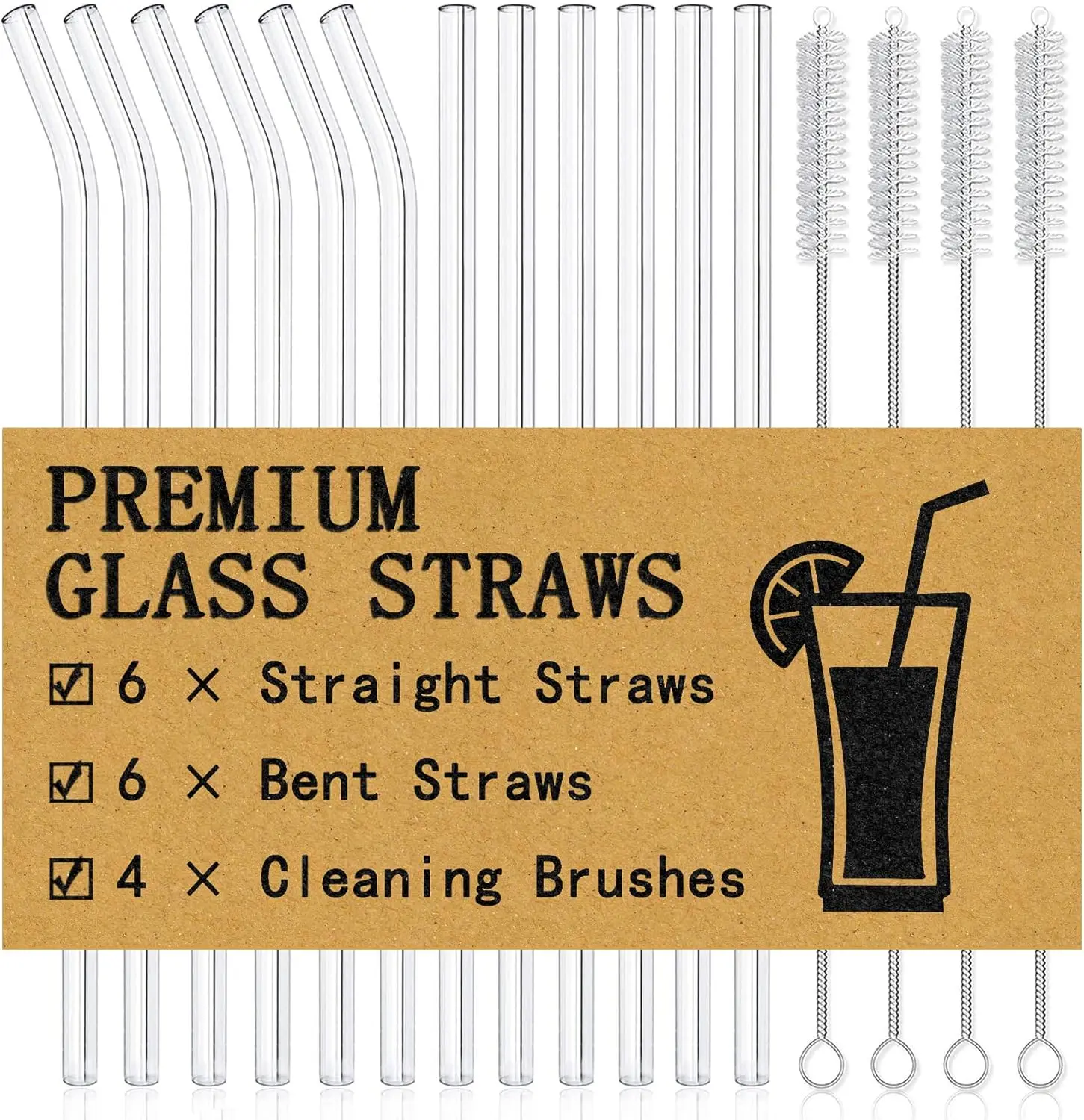 

16-Pack Reusable Glass Straws, 10''x10MM, Set of 6 Straight and 6 Bent with Cleaning Brushes for Smoothies and Drinks