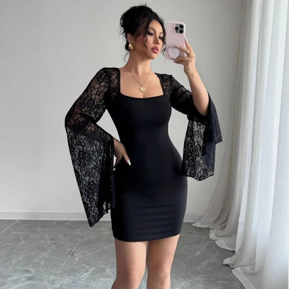 2026 Autumn New Flare Sleeve Split Lace Patchwork Square Neck Bodycon Dress Women
