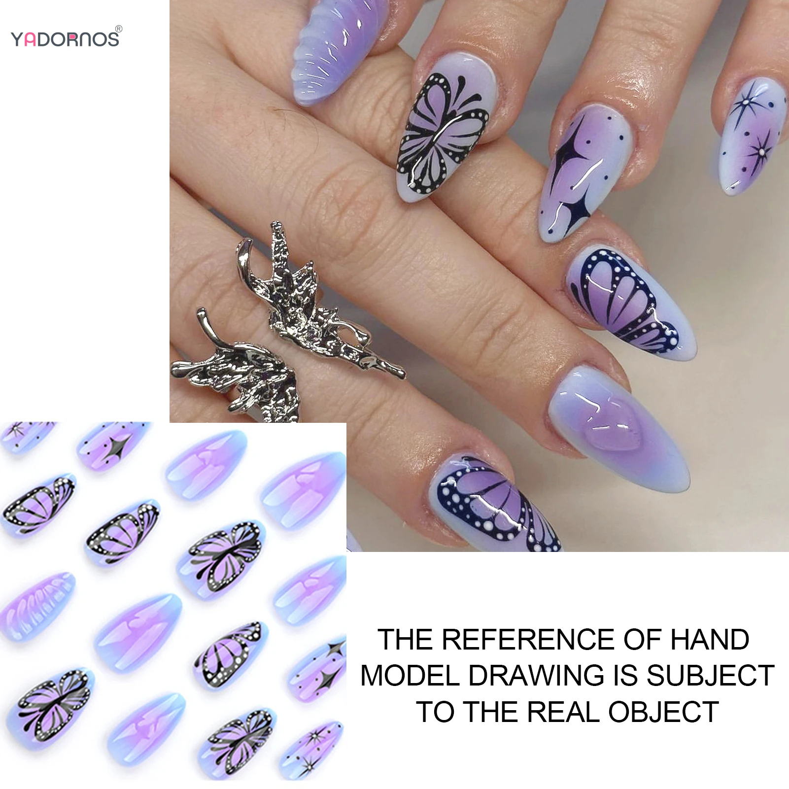 24 pçs estilo y2k unhas falsas brilhante mancha roxo imprensa no prego com borboleta estrela 3d amor coração projetos doce legal unhas falsas