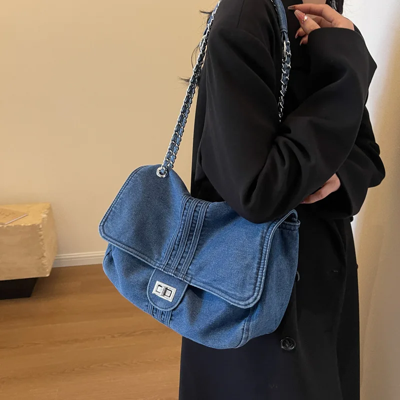 Washed Denim Bag For Women Messenger Bags 2024 New Trendy Fashionable Chain Tote Bag Versatile Large Capacity Single Shoulder